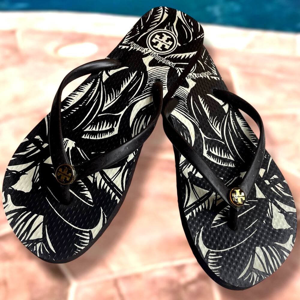 Women's Size 8 TORY BURCH Tropical Palm Print Black White Flip Flops EUC